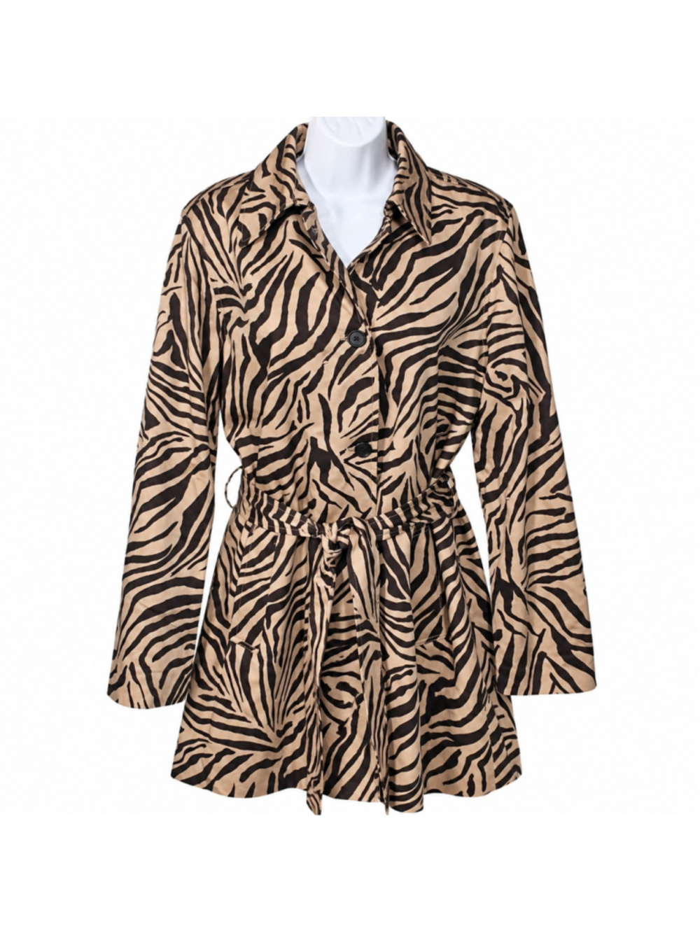 Chaps Ralph Lauren Zebra Trench Coat L Belted Animal Print Safari Cotton NWOT